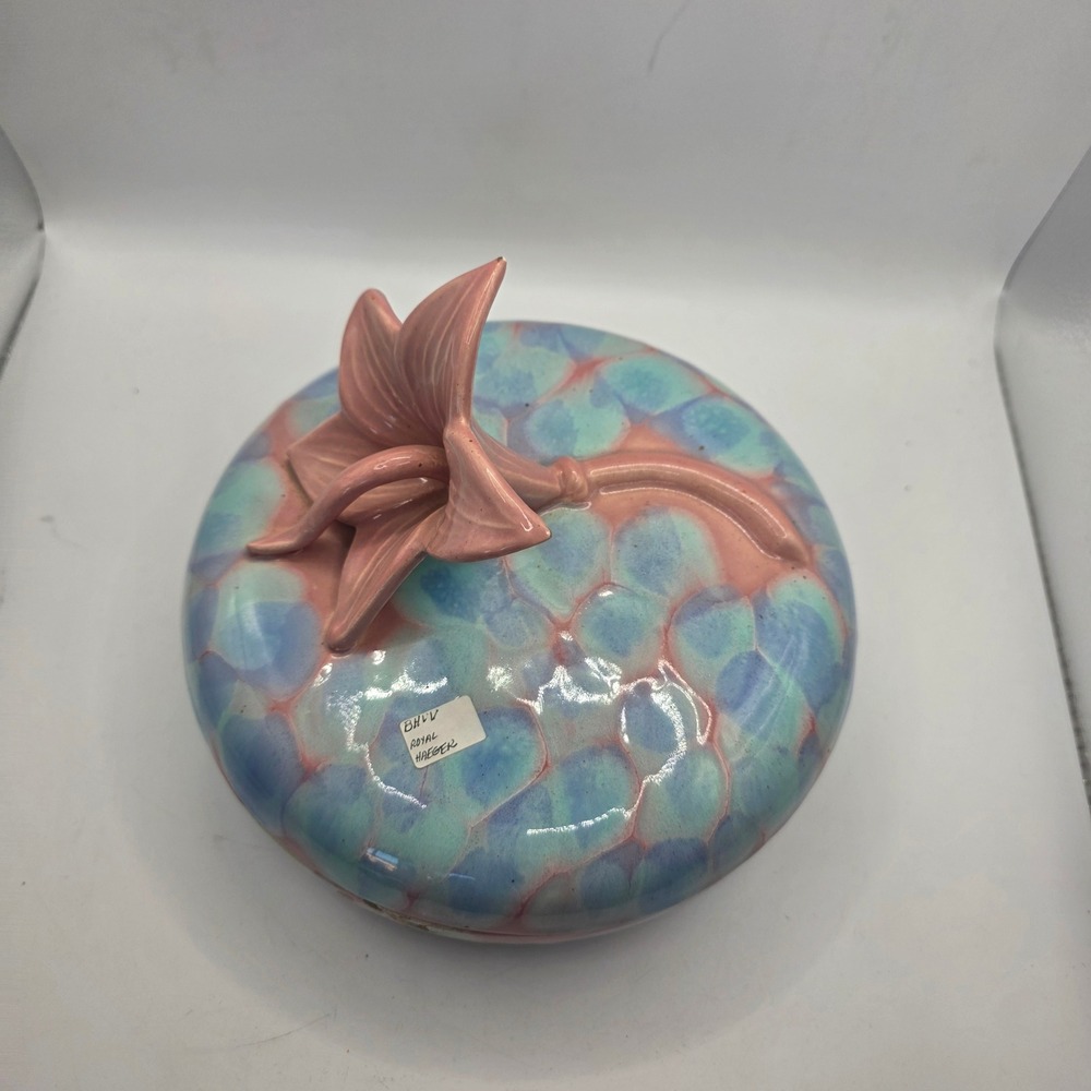 Vintage Royal Haeger USA Pink Blue Art Pottery Floral Covered Trinket Dish MCM